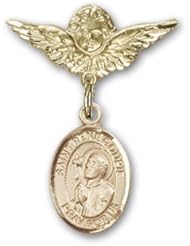 Gold Filled Baby Badge with St. Rene Goupil Charm and Angel with Wings Badge Pin