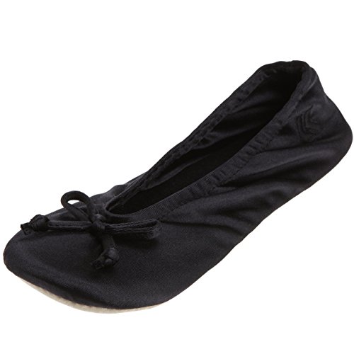 Isotoner Women's Classic Satin Ballerina Slipper (Medium - 6.5-7.5, Black)