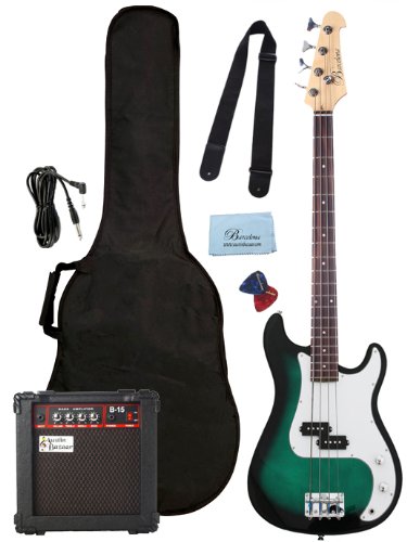 Barcelona Beginner Series Bass Guitar Bundle with 10-Watt Amp, Gig Bag, Instrument Cable, Strap, Strings, Picks, and Polishing Cloth – Transparent Green Burst