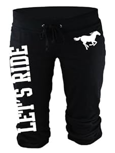 Juniors Equestrian Let's Ride Horse Black, Pink or Turquoise Capri Sweats S-L (Large, Black/White Print)