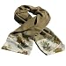 ArtisanStreet's Camel Silk Scarf with Olive & Brown Leaves. One of a Kind Scarf. Features Border Print with Leaves of Greens & Browns on White Background. Reverse Side Is Camel with Wide Band of Olive Silk & Narrow Band of Leaf Pattern.