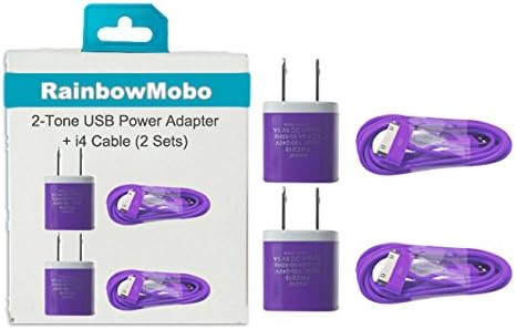 RainbowMOBO (TM) Set of 2 x 6 Ft. 30 Pin Charge & Sync Cable + 2 x 2-Tone AC Power Adapter for iPhone 4/4s (Rainbow Purple)