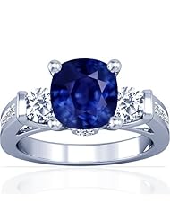 18K White Gold Cushion Cut Blue Sapphire Ring With Sidestones