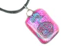 Cho Ku Rei Sparkling Blue and Pink Dichroic Fused Glass Pendant - Hand Wrought Copper Wire Reiki Motif- 18 Inch Cord