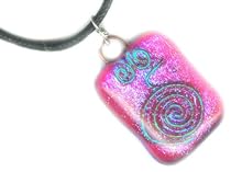 Cho Ku Rei Sparkling Blue and Pink Dichroic Fused Glass Pendant - Hand Wrought Copper Wire Reiki Motif- 18 Inch Cord