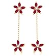 10k Yellow Gold Created Ruby and Diamond Flower Drop Earrings