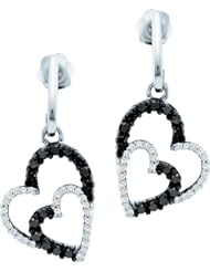 10K White Gold 0.50CT Black & White Round Cut Diamond Double Heart Earring