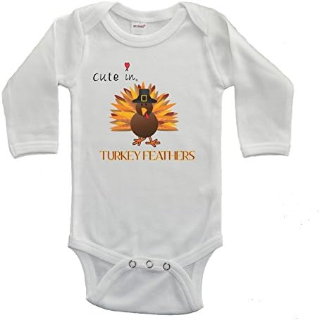 Cute in Turkey Feathers Baby Bodysuit (3-6 Months, White - Long Sleeve)