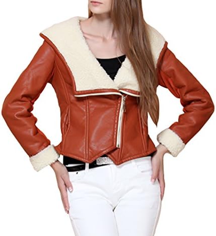 IDNS Women's PU Fur Trim Lapel Thicken Cotton Padded Cropped Moto Jacket XL Brown