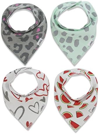 Matimati Baby Bandana Drool Bibs with Snaps for Girls, 4 Piece Absorbent Cotton, Cute Baby Gift (Hearts & Watermelons)