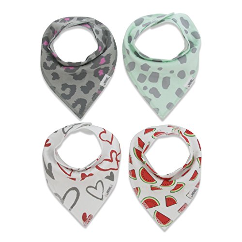 Matimati Baby Bandana Drool Bibs with Snaps for Girls, 4 Piece Absorbent Cotton, Cute Baby Gift (Hearts & Watermelons)