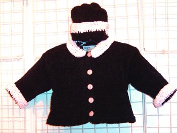 Ck75, Black Chenille/ Baby Pink Collar and Trim Girls Cardigan, Hat Set