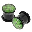 Green Acrylic Single Flared Plugs with Plaid Pattern and "O" Ring - 6G - Sold as a Pair