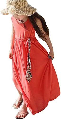 OFIN Little Kids Girls Summer Boho Sleeveless Drawstring Beach Long Maxi Dresses