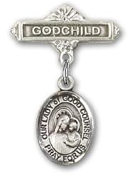 Sterling Silver Baby Badge with Our Lady of Good Counsel Charm and Godchild Badge Pin