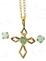 Beautiful SOLID 10k Gold Genuine Opal Pointed Cross Pendant Necklace & Opal Stud Earrings Set - Comes Gift Boxed!