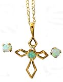 Beautiful SOLID 10k Gold Genuine Opal Pointed Cross Pendant Necklace & Opal Stud Earrings Set -...