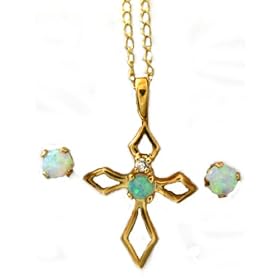 Beautiful SOLID 10k Gold Genuine Opal Pointed Cross Pendant Necklace & Opal Stud Earrings Set - Comes Gift Boxed!