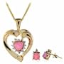 Vermeil (24k Gold over Sterling Silver) Genuine Diamond Accent and Simulated Pink Opal Heart and Earring Set