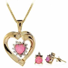 Vermeil (24k Gold over Sterling Silver) Genuine Diamond Accent and Simulated Pink Opal Heart and Earring Set