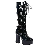 SLUSH-225 Black 4 Buckle Knee-Hi Chunky Heel Boots