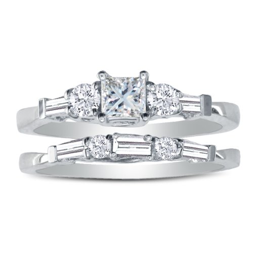 Cheap 14K White Gold Princess, Round, and Baguette Diamond Bridal Set (1.63 cttw)