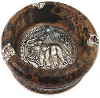 Elephant Ashtray New Thai Carved Handicraft Style Mango Wood with Elephant Silver Plated Ashtray by touchable dream