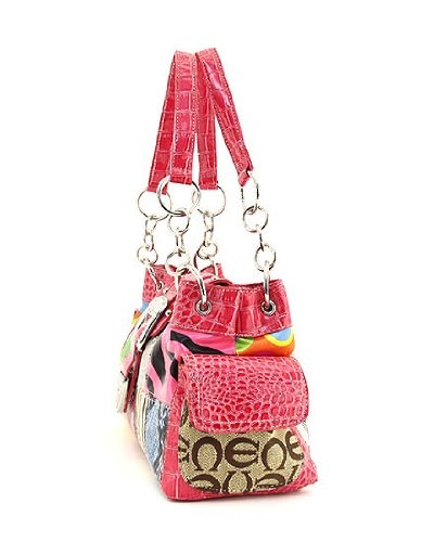 Rhinestone Buckle Accent Patchwork Satchel Tote Handbag - Choice of Colors (MTFS)