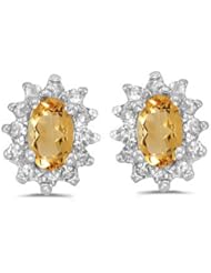 Birthstone Company 14k White Gold Oval Citrine And Diamond Earrings