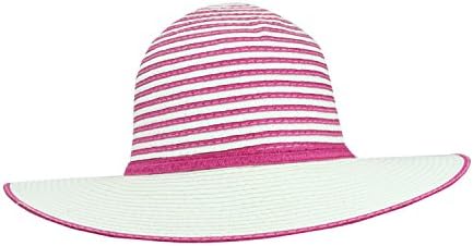 Pink Foldable Roll Up UV Straw Sun Hat w/ Wide Brim, Striped Crown - SPF 50