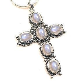Large Sterling Silver Rainbow Moonstone Cross Pendant by Silver Insanity