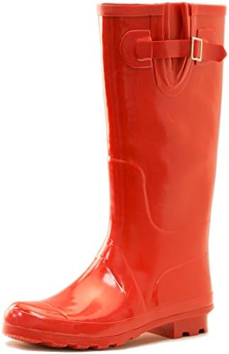 First Fashion Women's Waterproof Buckle Accent Knee High Welly Rain Boots,9 B(M) US,Red