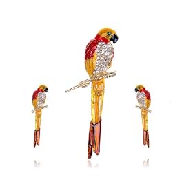Red Yellow Hand Painted Crystal Rhinestone Perch Parrot Pin Brooch Earring Set: Jewelry