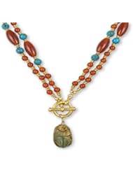 30 cttw Gold Plated Authentic Reproduction Faience, Carnelian and Turquoise Gemstone Toggle Necklace Authentic Reproduction Museum Jewelry, Made In America, Comes Boxed With History Card (Real Gems: 30 cttw)