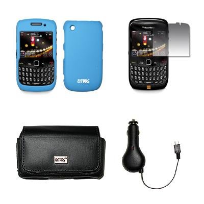 EMPIRE Black Leather Case Pouch with Belt Clip and Belt Loops + Light Blue Rubberized Snap-On Cover Case + Screen Protector + Retractable Car Charger (CLA) for Blackberry Curve 8530