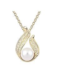 LOY Jewelry Shell Pearl Swarovski Elements Pendant 18 Inches Necklace For Women W 18k Gold Plated Chain