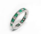 Emerald and Diamond Hand Engraved Full Circle Anniversary Ring or Stacking Band, 18k White Gold, Ring Size 4.25, CTW 2.15
