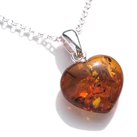 Certified Genuine Honey Amber and Sterling Silver Heart Pendant, 18"