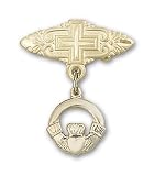 Gold Filled Baby Badge with Claddagh Charm and Badge Pin with Cross
