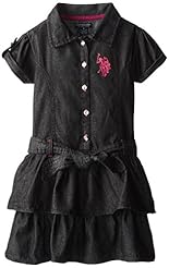 Girls Tiered  Belted Cotton/Denim  Dress With Ruffles
