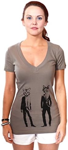 Artisan Tees Women's Cat Detectives Deep V-neck T-shirt Large Light Brown/Grey