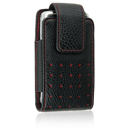 Vertical Executive Black ( W/ RED DOT & STITCH) Leather Pouch Case Belt Clip for Samsung SGH-T439, U410, T429, A737 A736, Gleam U700 Muse, T639, A517, R500, U740 Alias, T819, M520,