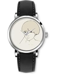 SPRAWL Aanalog Fashion Series Silver Ladies Watches of Genuine Black Leather Strap,Unique Wrist Watch for Women Girls Designed with Sad girl face