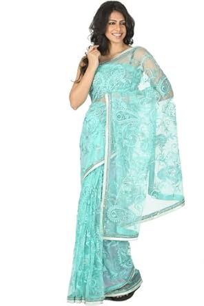 Misses Clothing Stores : Aqua Blue Net Embroidered Wedding and Festival Saree The Cheapest
