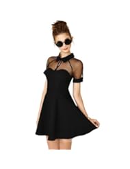 Apparel: Women Mesh Back Crop Tops Stitching Crew Neck Dress Black M