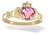 14K Yellow Gold Heart Created Pink Sapphire and Diamond Celtic Claddagh Ring