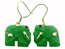 Green Jade Lucky Elephant Earrings, 14k Gold