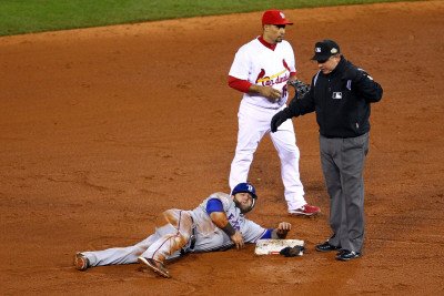 Rangers v Cardinals, St Louis, MO - Oct. 27: Rafael Furcal, Greg Gibson and Mike Napoli Photographic Poster Print by Dilip Vishwanat, 12x18