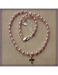 Girls Pink Pearl Necklace, Bella, Sterling Silver Beaded Necklace with Pink Czech Pearls and Crystals and Delicate Silver Cross. Coordinates with the Bella Bracelet. Great for Communions - Adjustable 12-14"