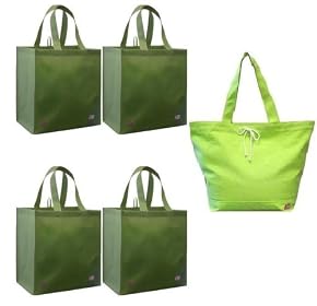 Reusable Grocery Bag Solid Colors, 5 Pack Combo, Includes 4 Grocery Totes + 1 Cotton Canvas Shoulder Tote